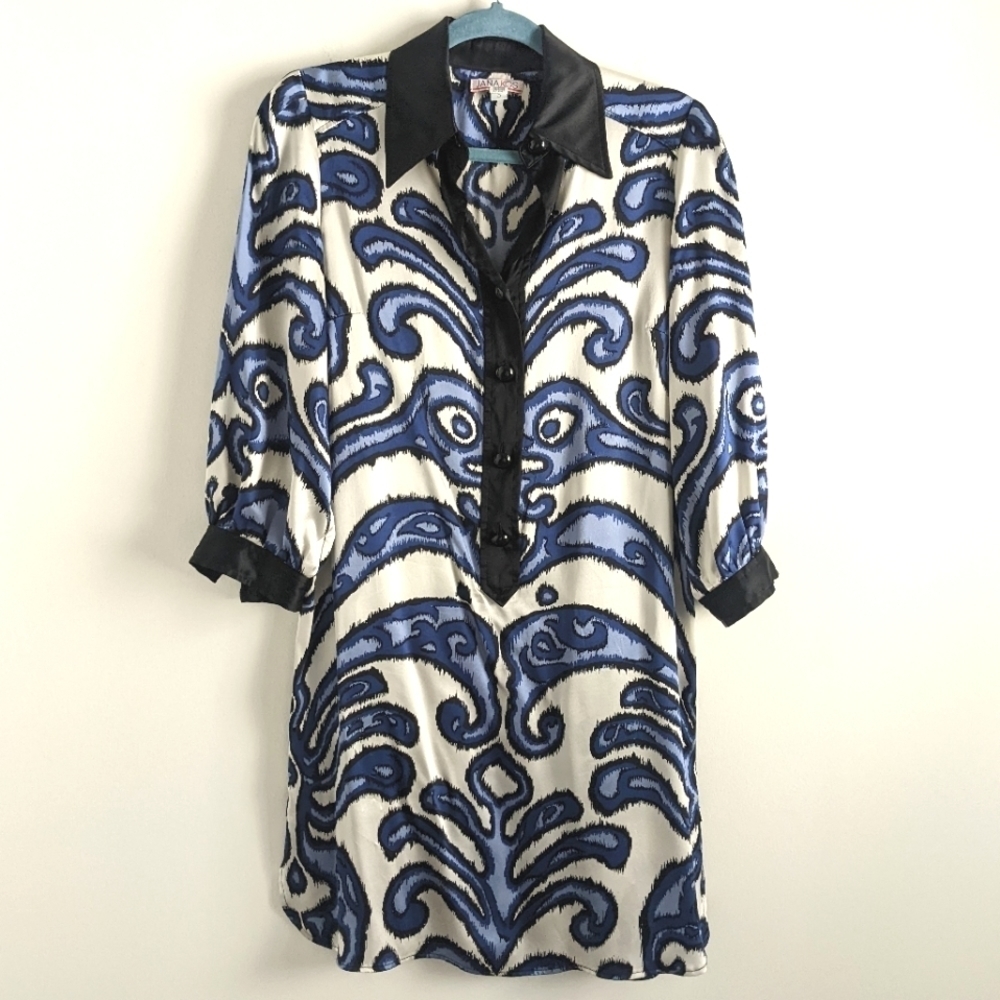 Vintage Silk Ikat Shirt Dress Shift Long Sleeve Jana Kos S